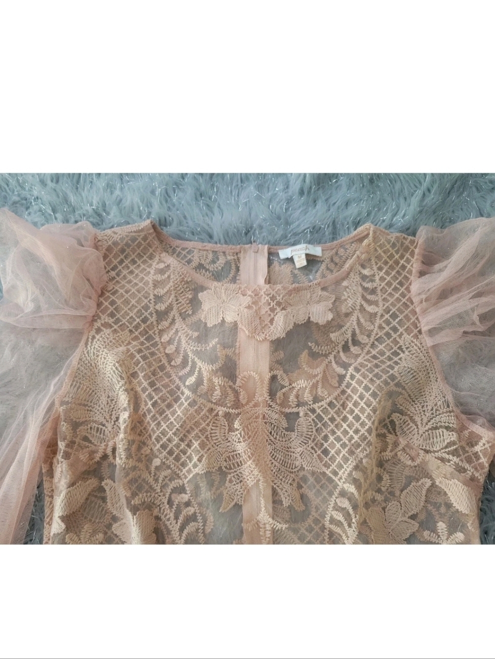 Peach Lace Dramatic Top Embroidered Lace Sheer Bell Sleeve Romantic Goth Boho M - Picture 7 of 10
